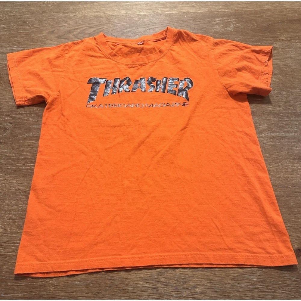 Vintage 90s Thrasher Magazine Print Shirt Mens Small Orange Skateboarding Skater